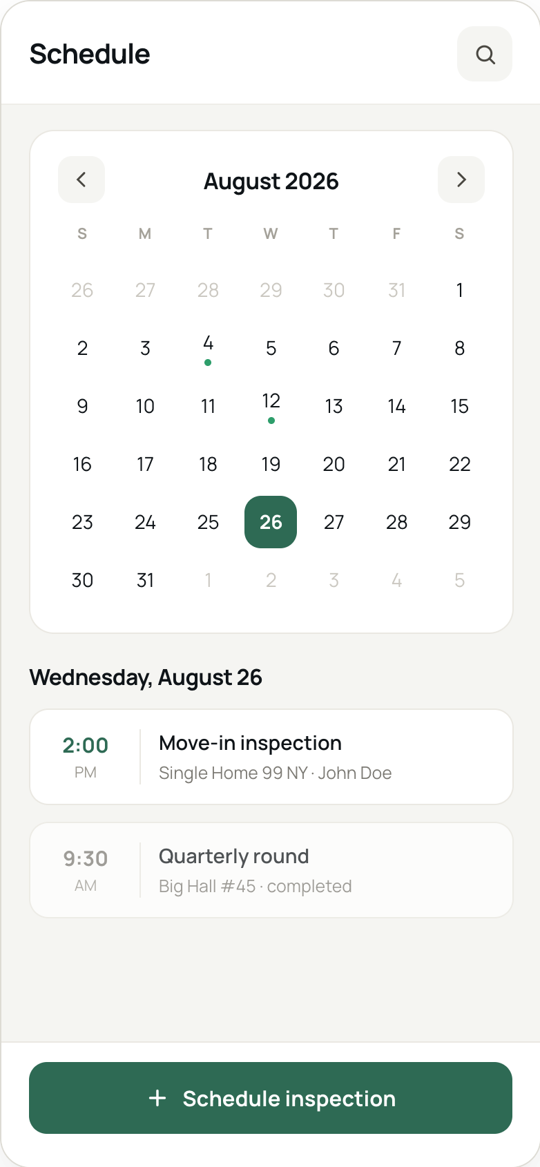 Inspectaly calendar screen with booked days marked and the day's agenda listed below.