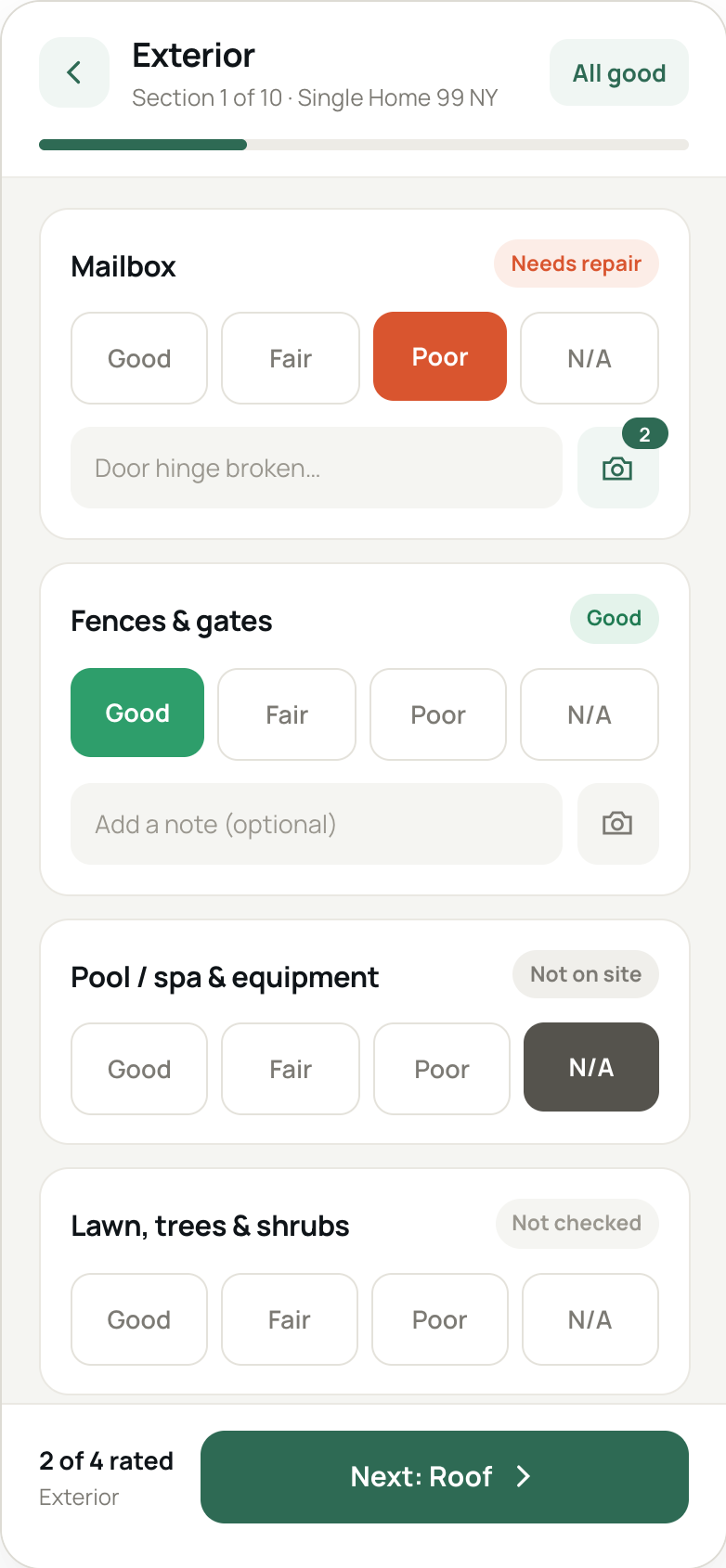 Inspectaly checklist screen rating a mailbox as Poor and fences as Good.