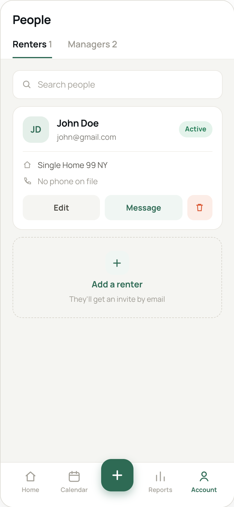 Inspectaly people screen showing renter and property manager contact records in one list.