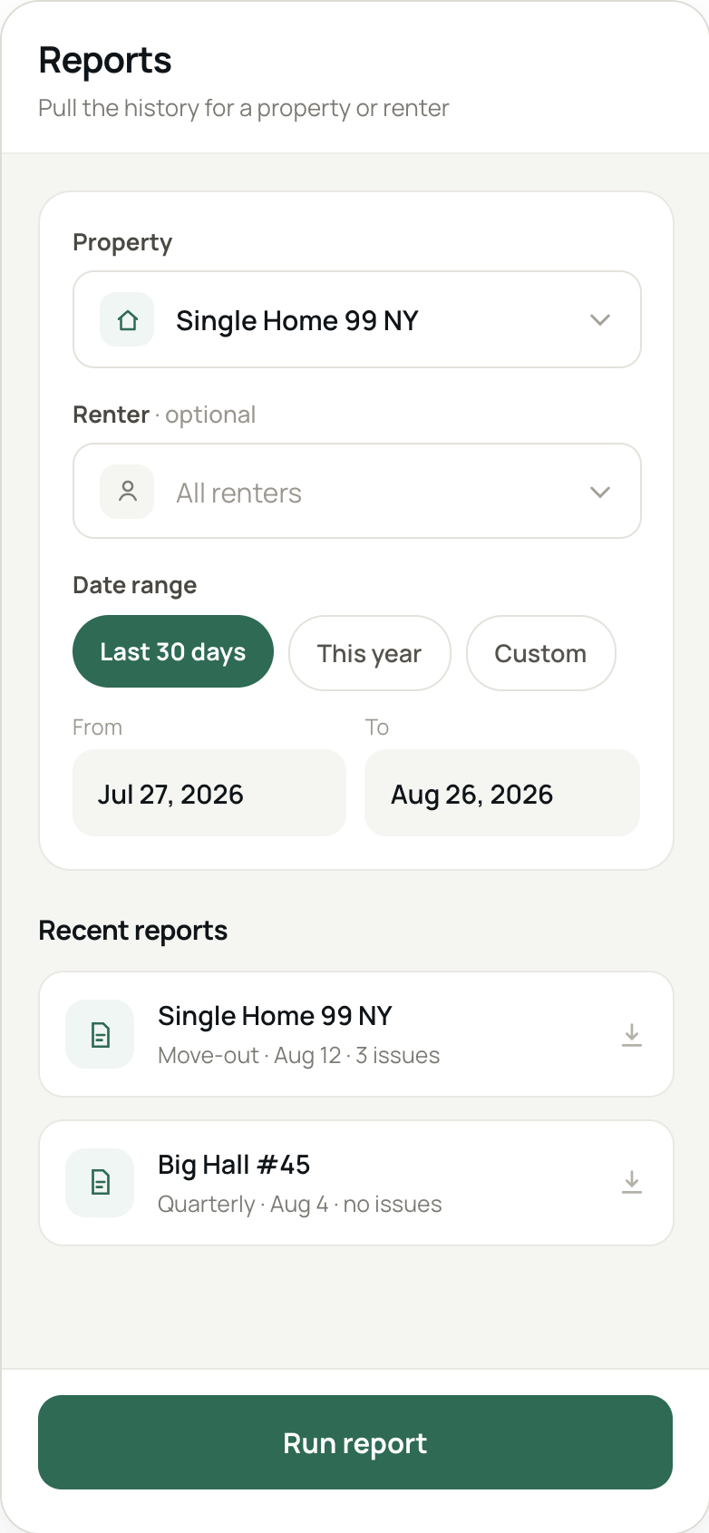 Inspectaly report builder screen with property, date range and a list of recent reports.